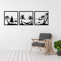 Island Escape tropical beach three panel metal wall art displayed above a contemporary chair in a stylish coastal interior