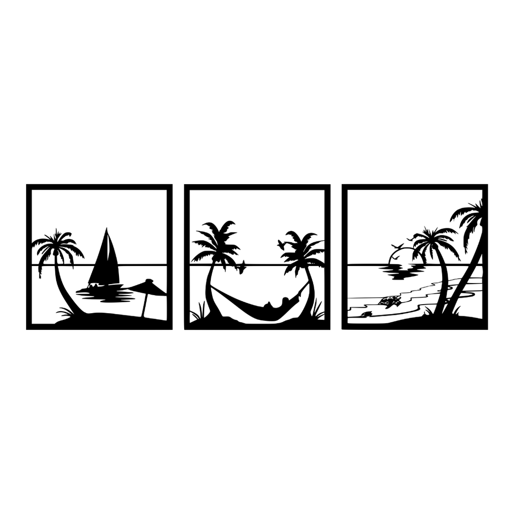 Island Escape tropical beach three panel metal wall art isolated on a white background showing palm trees, sailboat and island waters