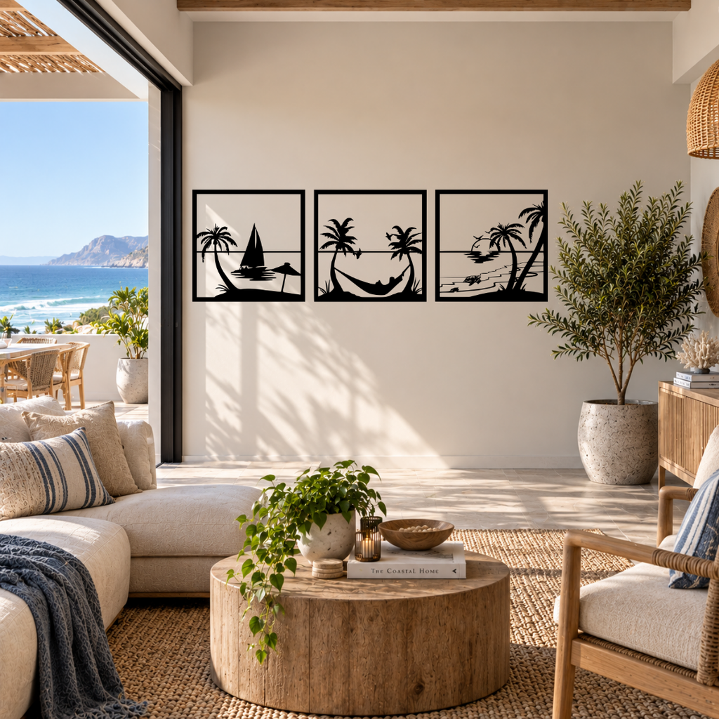 Island Escape tropical beach three panel metal wall art displayed across a modern room with contemporary tropical décor