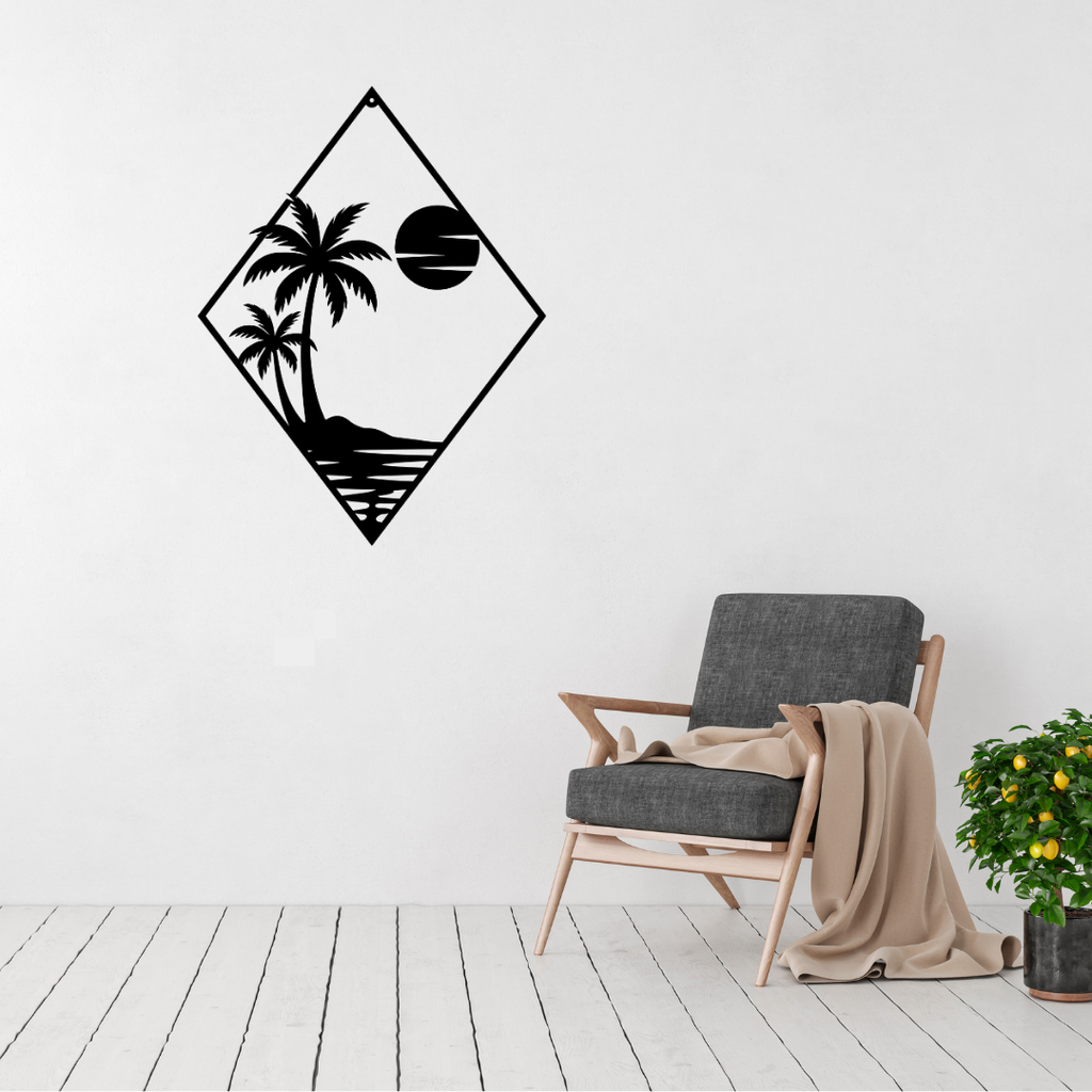Island Escape | Tropical Sunset Metal Wall Art displayed in a contemporary living room.