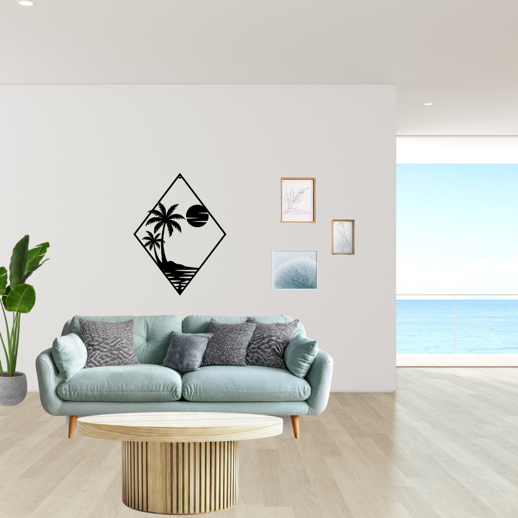 Island Escape | Tropical Sunset Metal Wall Art showcased above a modern sofa in a bright coastal-inspired living space.