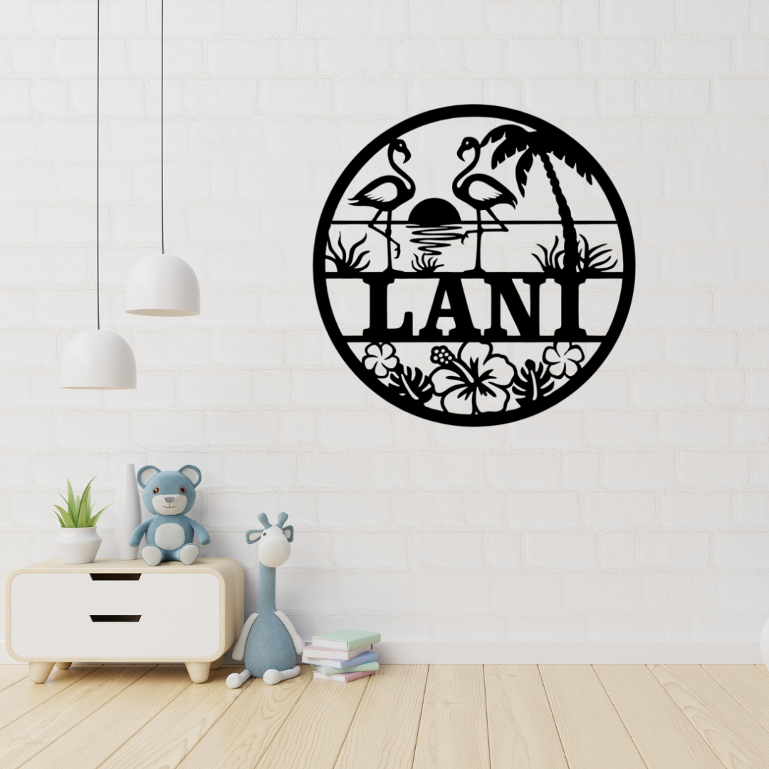 Tropical flamingo metal wall art displayed in a playful girls bedroom