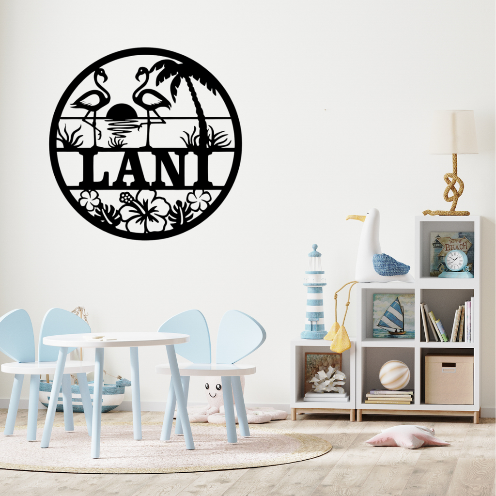 Flamingo tropical metal décor styled in a bright coastal-inspired nursery