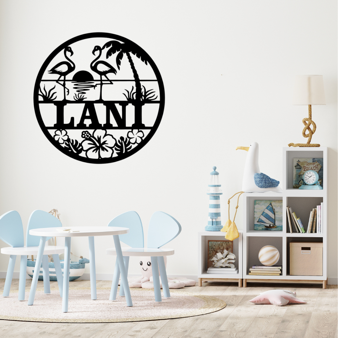 Flamingo tropical metal décor styled in a bright coastal-inspired nursery