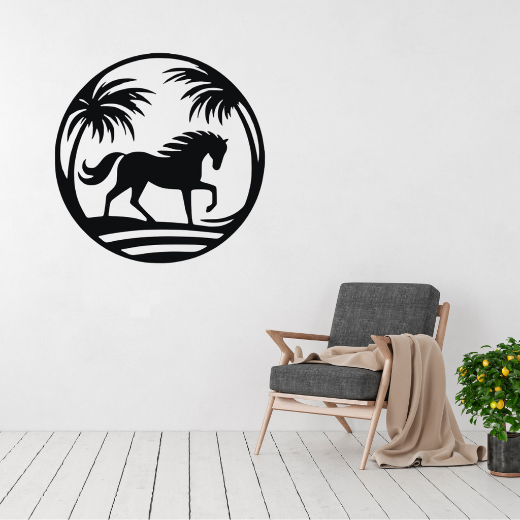Island Stallion | Tropical Horse Metal Wall Art displayed above a modern grey accent chair, featuring a graceful horse silhouette framed by tropical palm trees in a circular black metal wall art design.