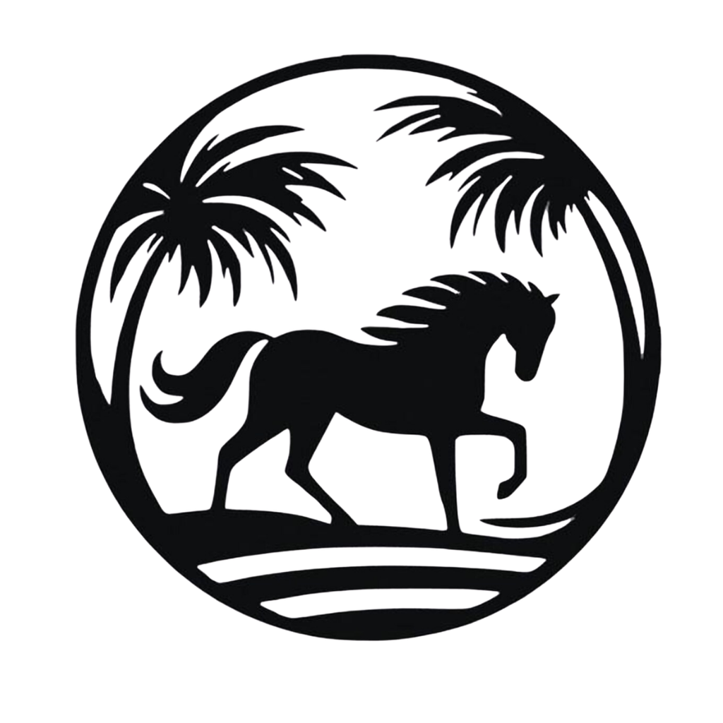Island Stallion | Tropical Horse Metal Wall Art featuring an elegant horse beneath swaying palm trees in a circular black metal design, perfect for equestrian enthusiasts, tropical home décor, ranch style interiors, and modern farmhouse spaces.