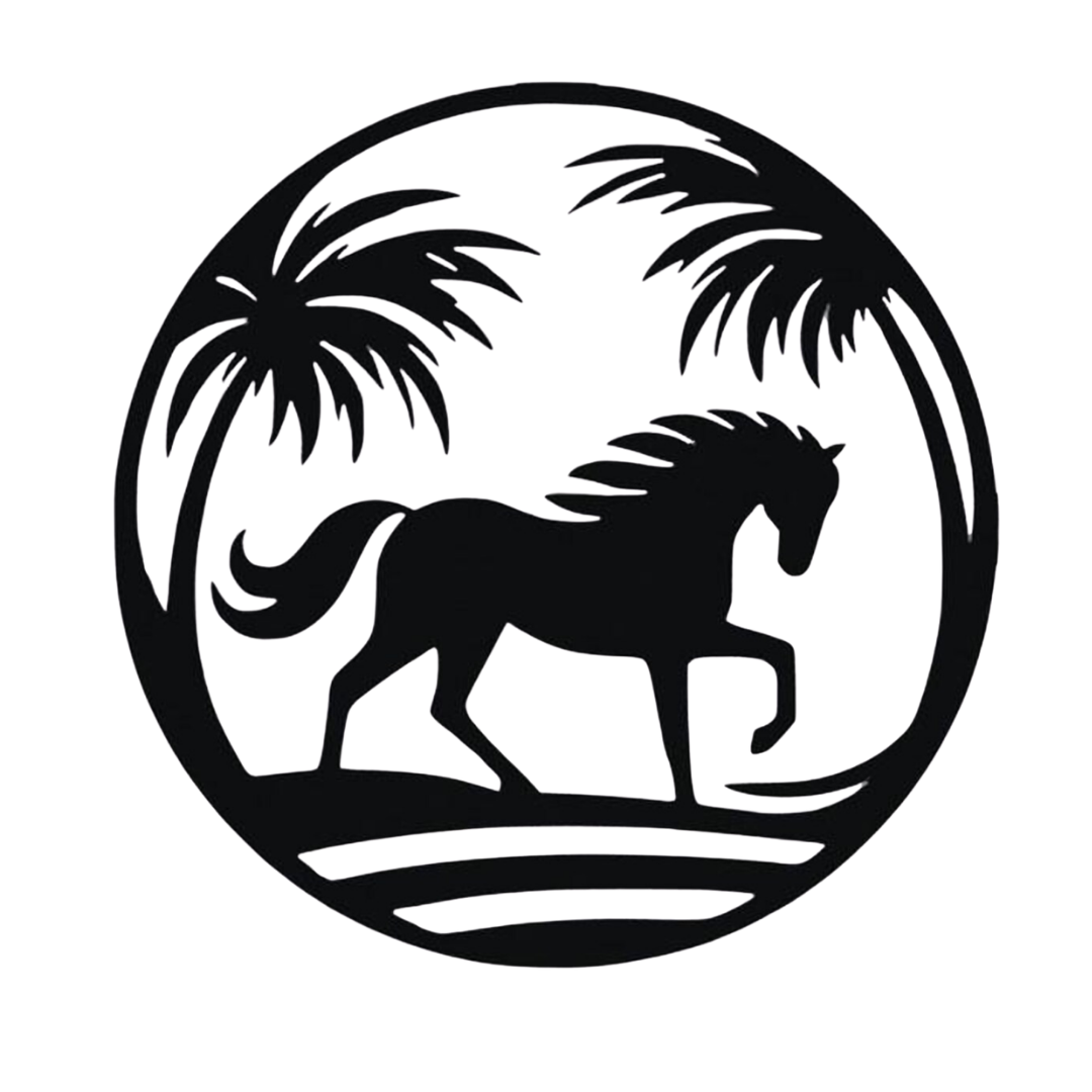 Island Stallion | Tropical Horse Metal Wall Art featuring an elegant horse beneath swaying palm trees in a circular black metal design, perfect for equestrian enthusiasts, tropical home décor, ranch style interiors, and modern farmhouse spaces.