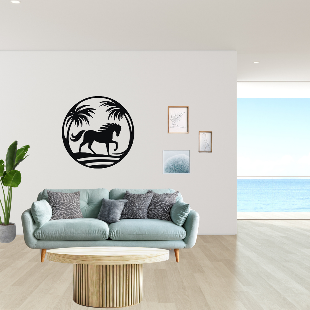 Island Stallion | Tropical Horse Metal Wall Art showcased as a stylish focal point in a contemporary coastal living room, combining equestrian elegance with tropical palm tree scenery in a circular black metal wall décor design.