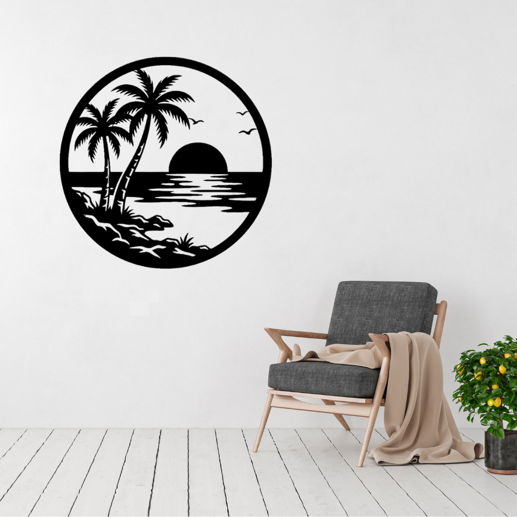 Island Sunset | Palm Tree Metal Wall Art displayed in a modern living room, featuring a peaceful tropical island with palm trees, an ocean sunset and calm waters in a circular black metal wall art design.