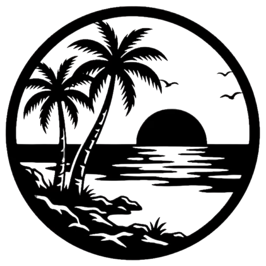 Island Sunset | Palm Tree Metal Wall Art featuring two swaying palm trees, a tropical sunset over the ocean, gentle waves and flying birds in a premium circular black metal wall décor perfect for coastal and beach-inspired interiors.