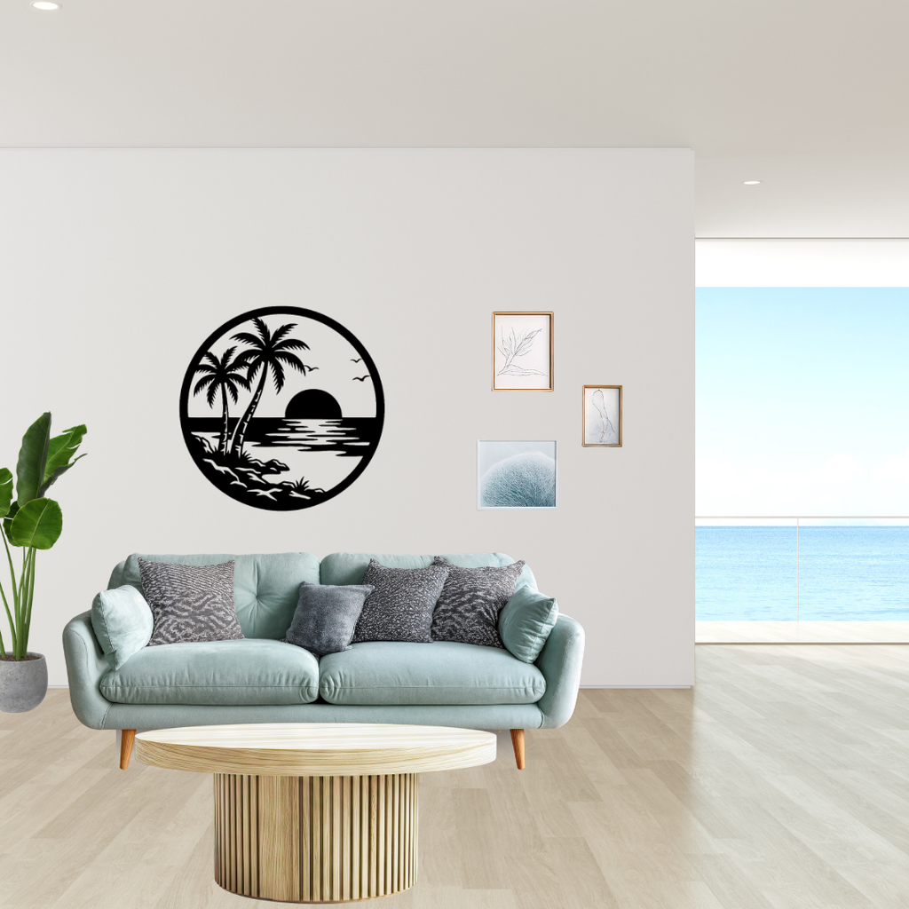 Island Sunset | Palm Tree Metal Wall Art showcased in a contemporary coastal-style home, featuring a serene tropical beach sunset, palm trees and ocean horizon in elegant black metal wall art for beach house décor.