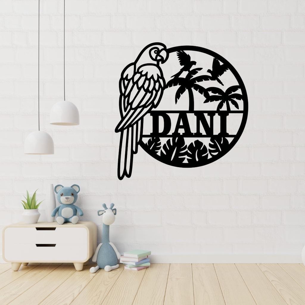 Tropical parrot wall art displayed in a colourful jungle-inspired room