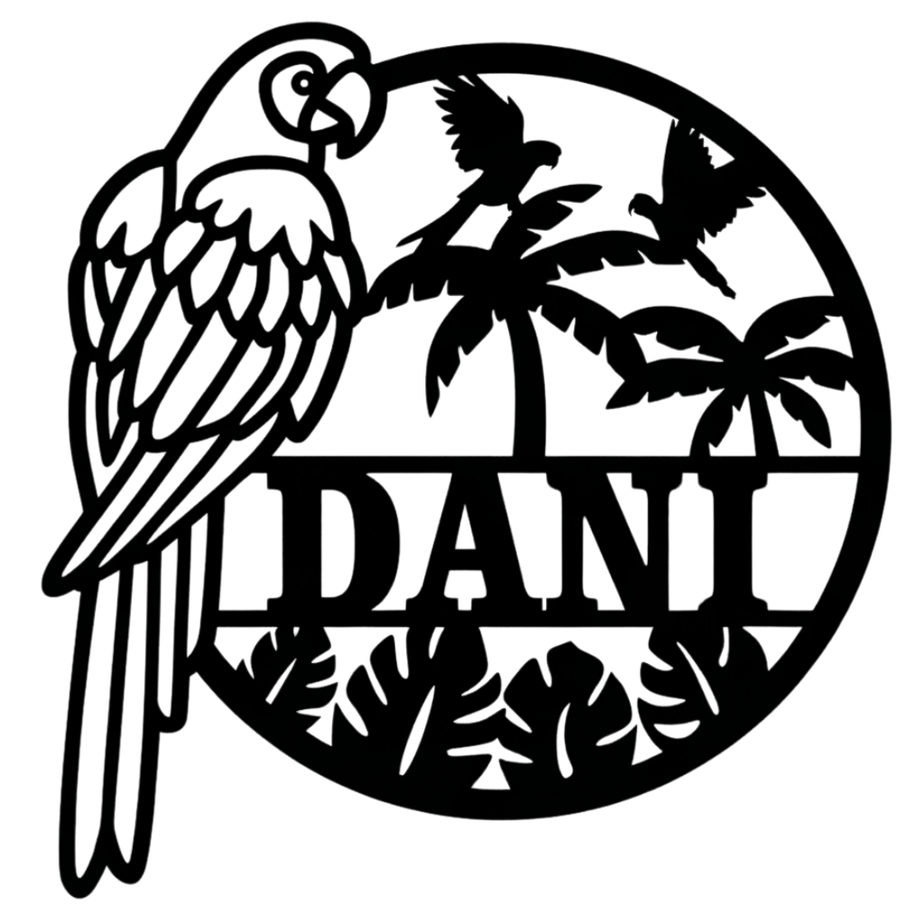 Island Wings parrot metal sign on plain background