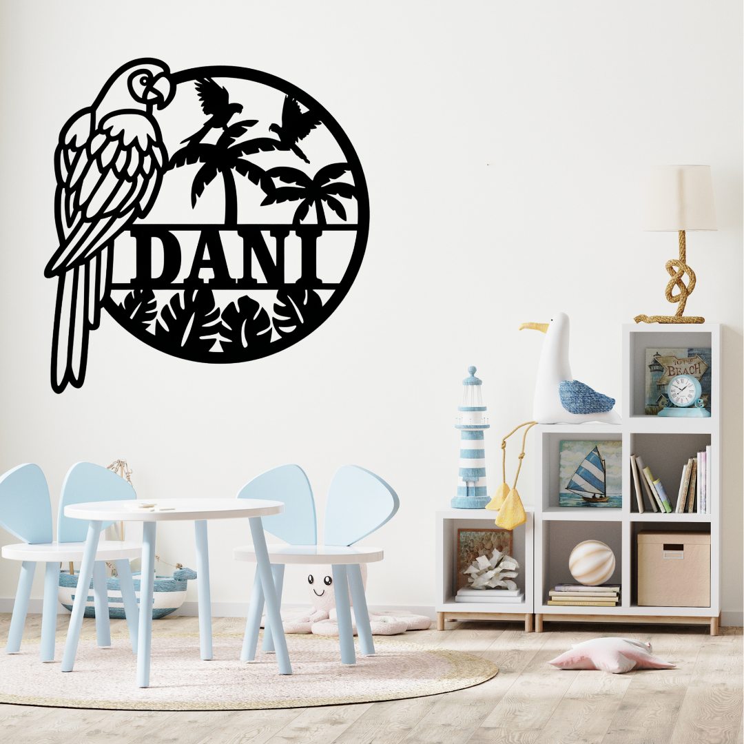 Exotic bird wall décor styled in a tropical nursery setting