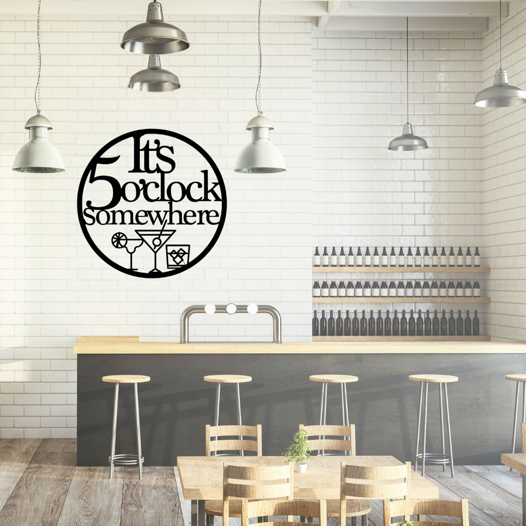 It's 5 O'Clock Somewhere | Cocktail Metal Wall Art displayed on a modern bar wall above a stylish counter.