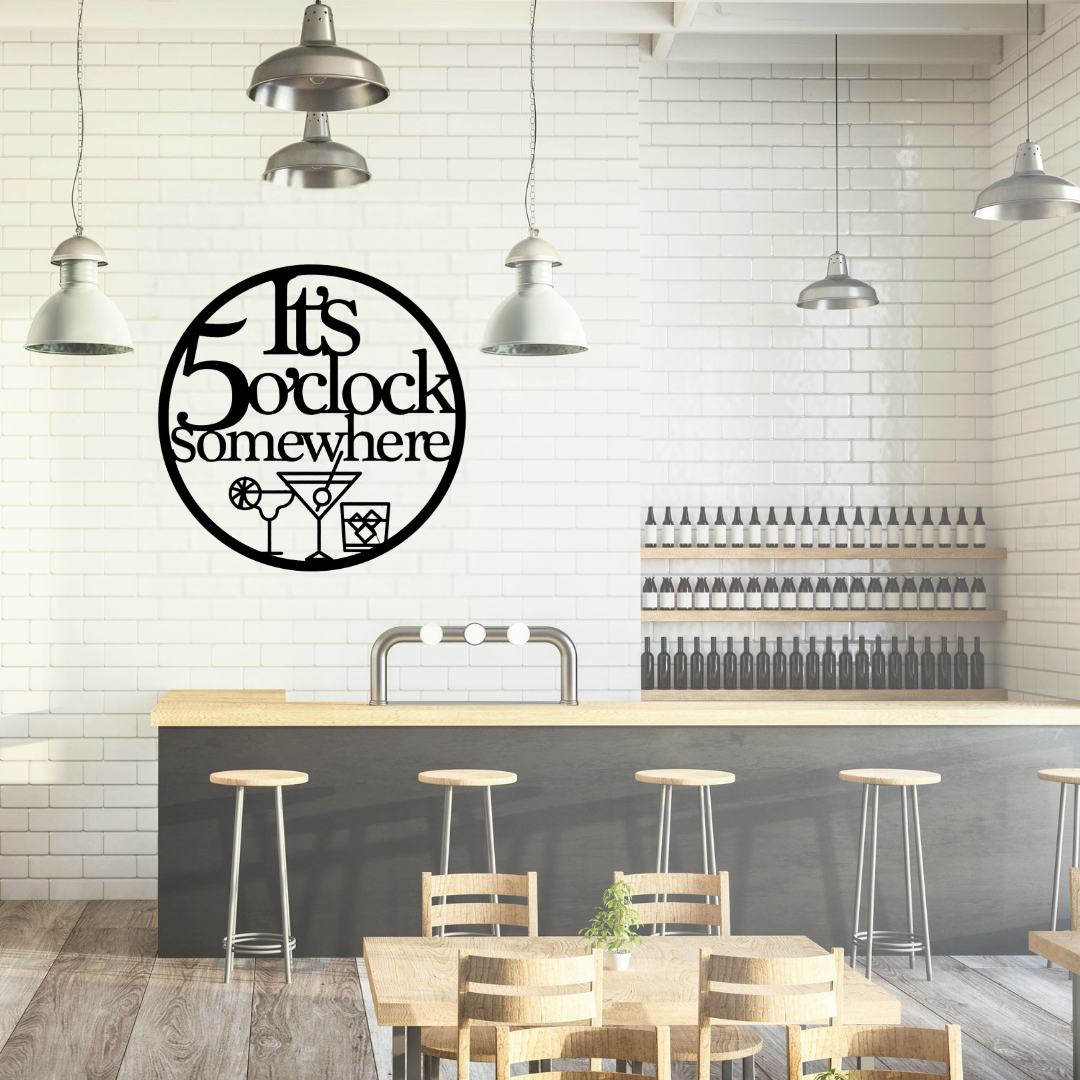 It's 5 O'Clock Somewhere | Cocktail Metal Wall Art displayed on a modern bar wall above a stylish counter.