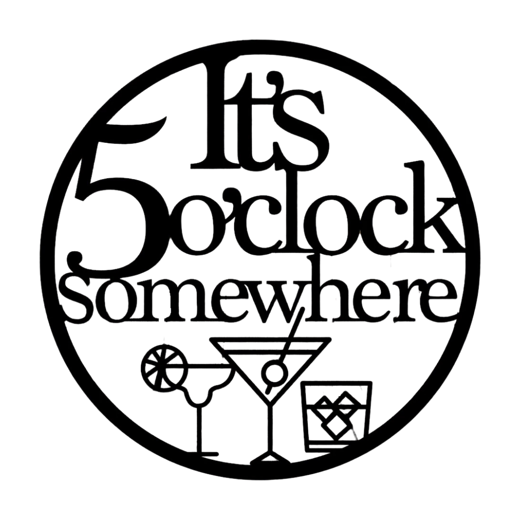 It's 5 O'Clock Somewhere | Cocktail Metal Wall Art showcased on an exposed brick wall in a contemporary home bar.