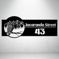 Jacaranda Street personalised owl metal house number sign featuring a mountain landscape and custom address.