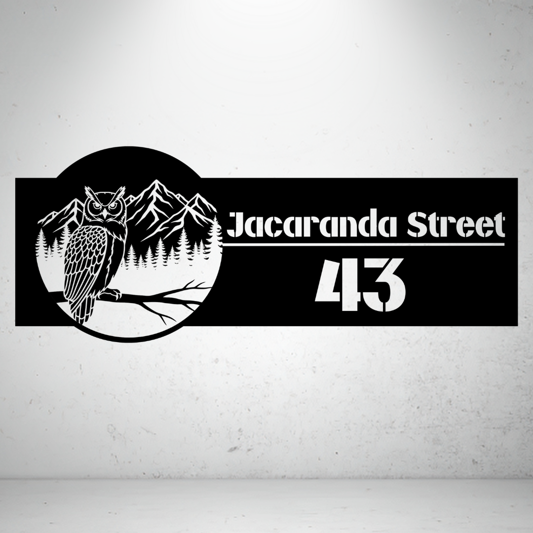 Jacaranda Street personalised owl metal house number sign featuring a mountain landscape and custom address.