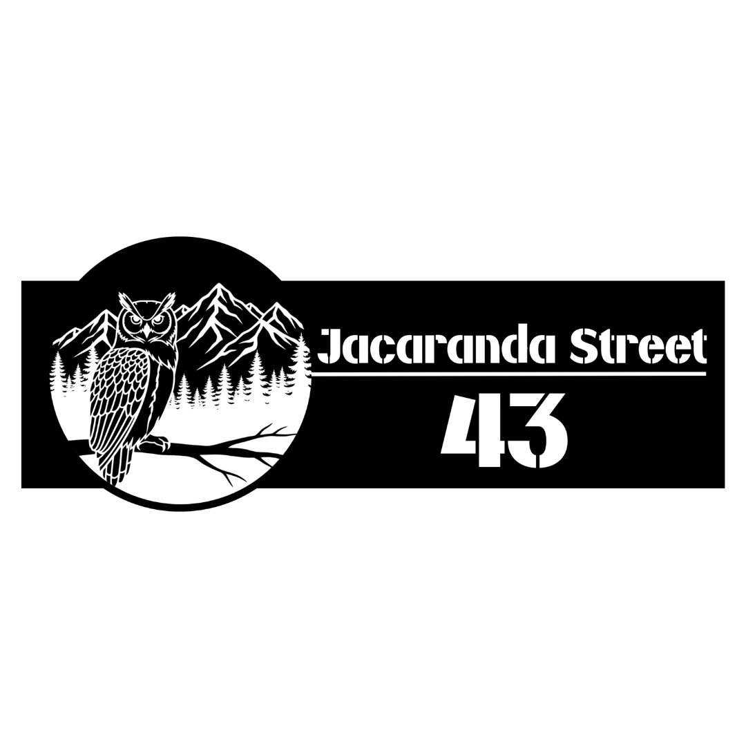 Close-up of the Jacaranda Street laser-cut owl custom metal address plaque.