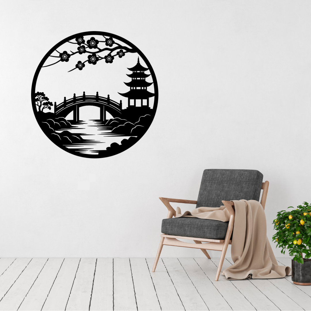 Japanese Serenity cherry blossom pagoda metal wall art displayed above a contemporary chair