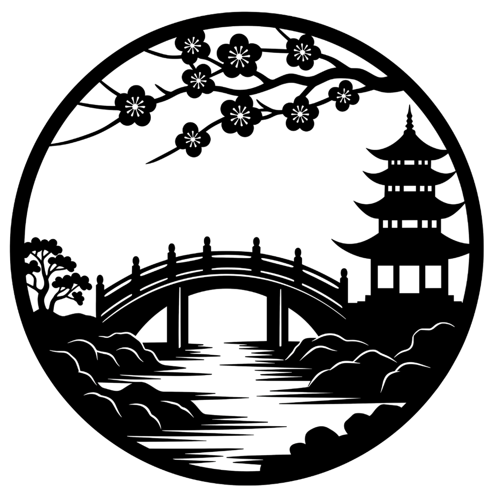 Japanese Serenity cherry blossom pagoda metal wall art on white background