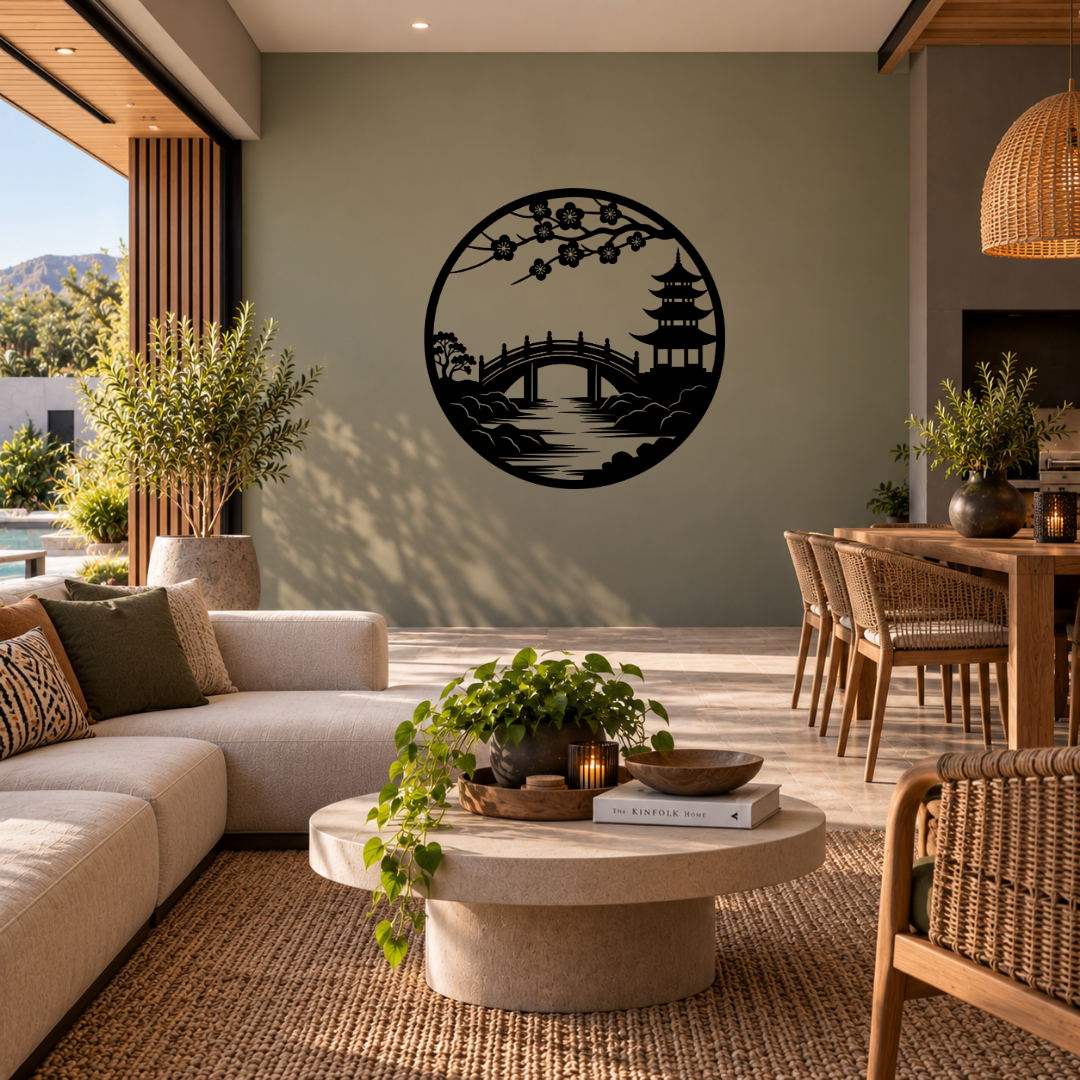 Japanese cherry blossom pagoda metal wall art displayed in a modern interior