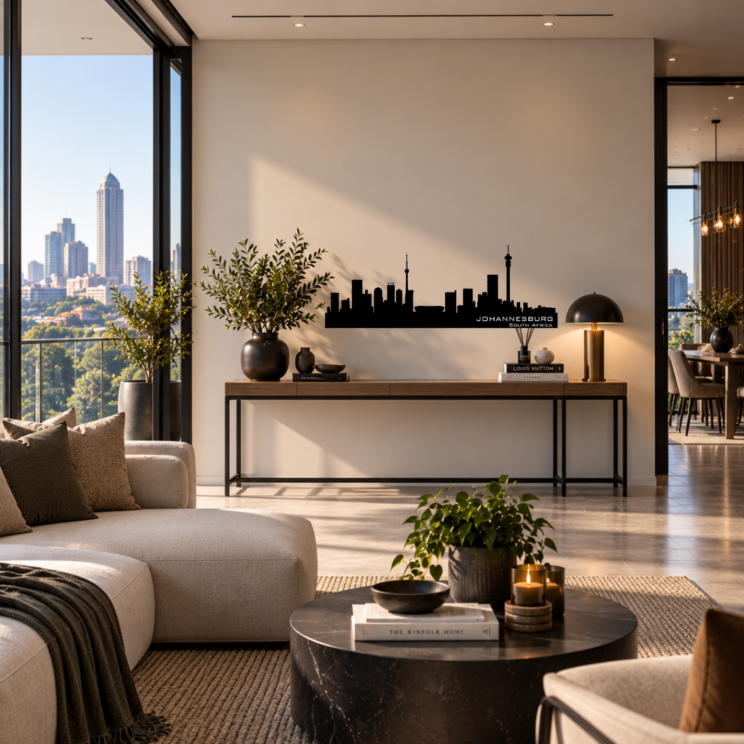 Johannesburg South Africa skyline metal wall art featuring the cityscape displayed in a modern interior