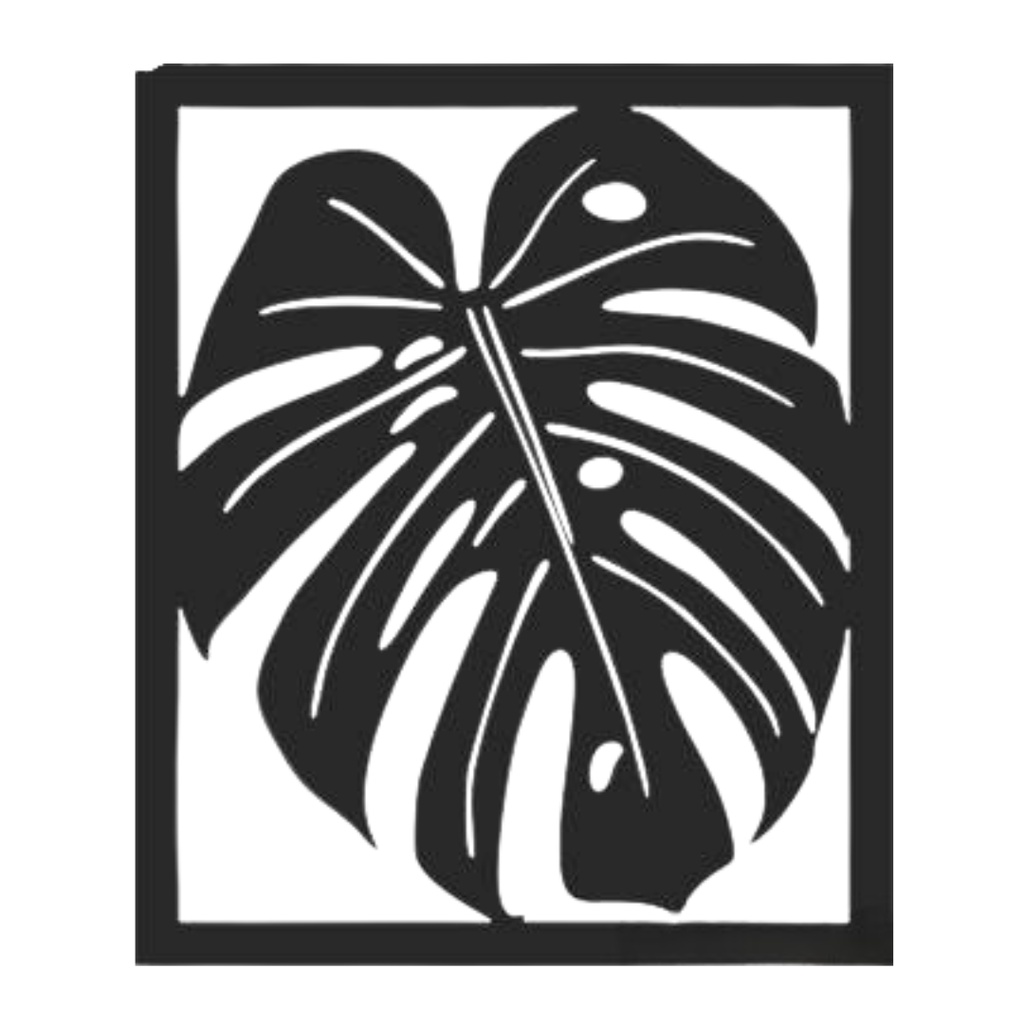 Monstera leaf metal wall art in square frame modern tropical design