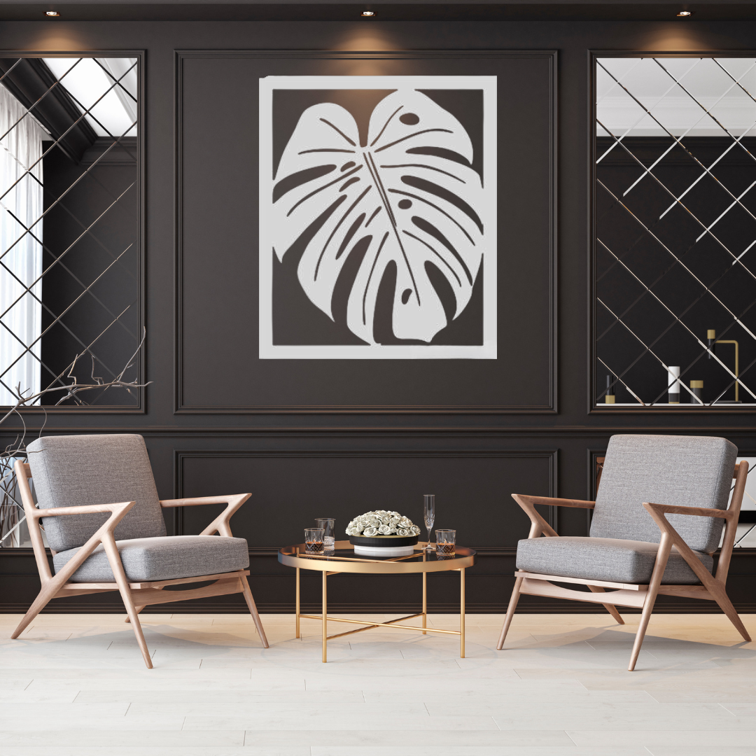 Monstera metal wall art as a statement piece in a luxury interior setting