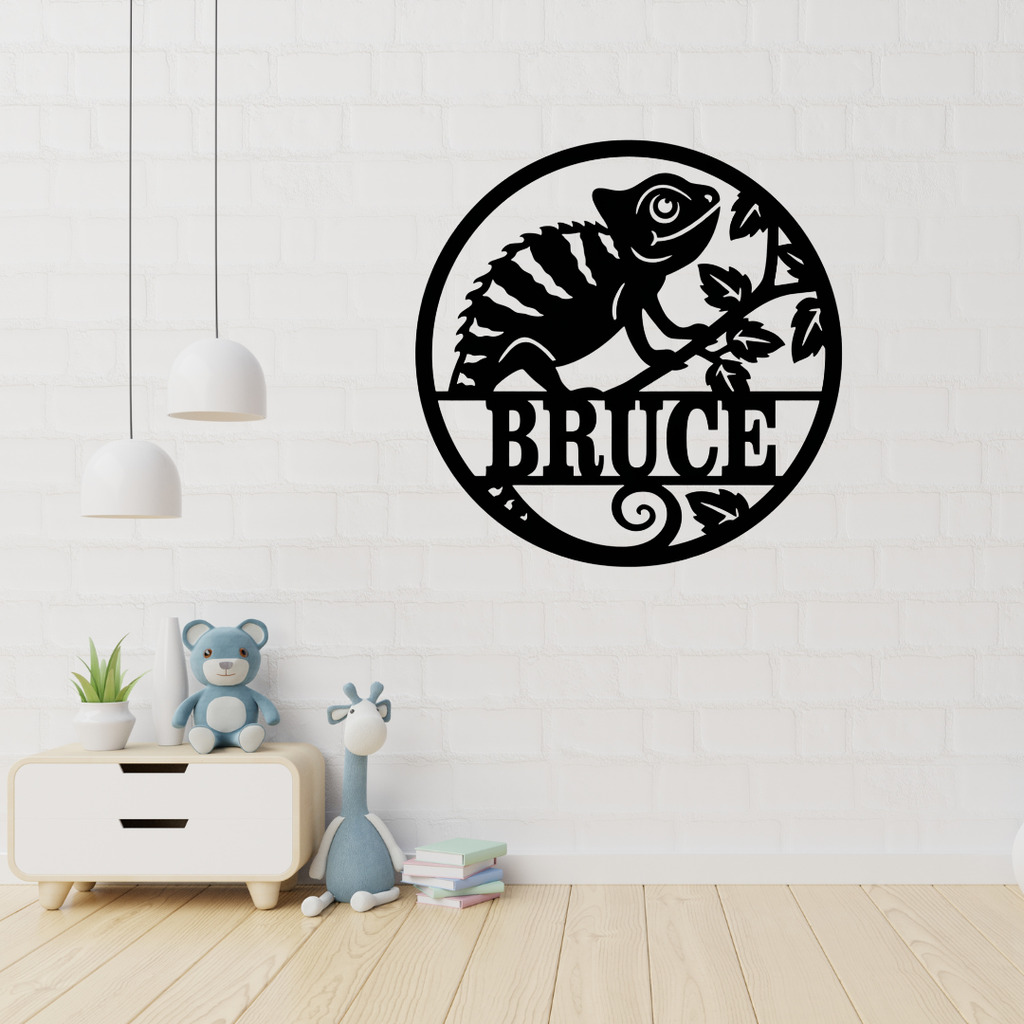 Chameleon metal wall art displayed in a jungle-themed nursery