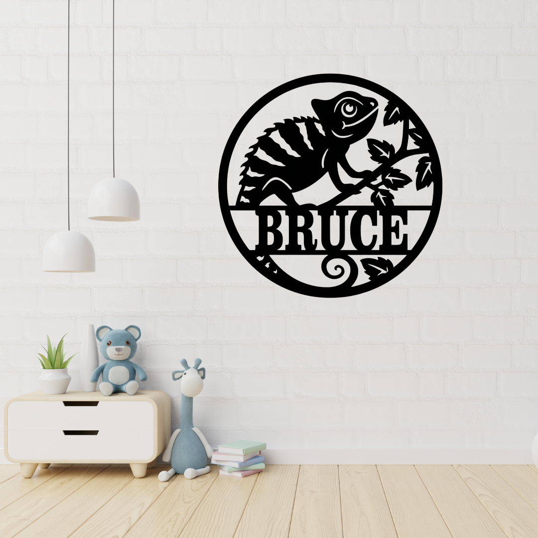 Chameleon metal wall art displayed in a jungle-themed nursery
