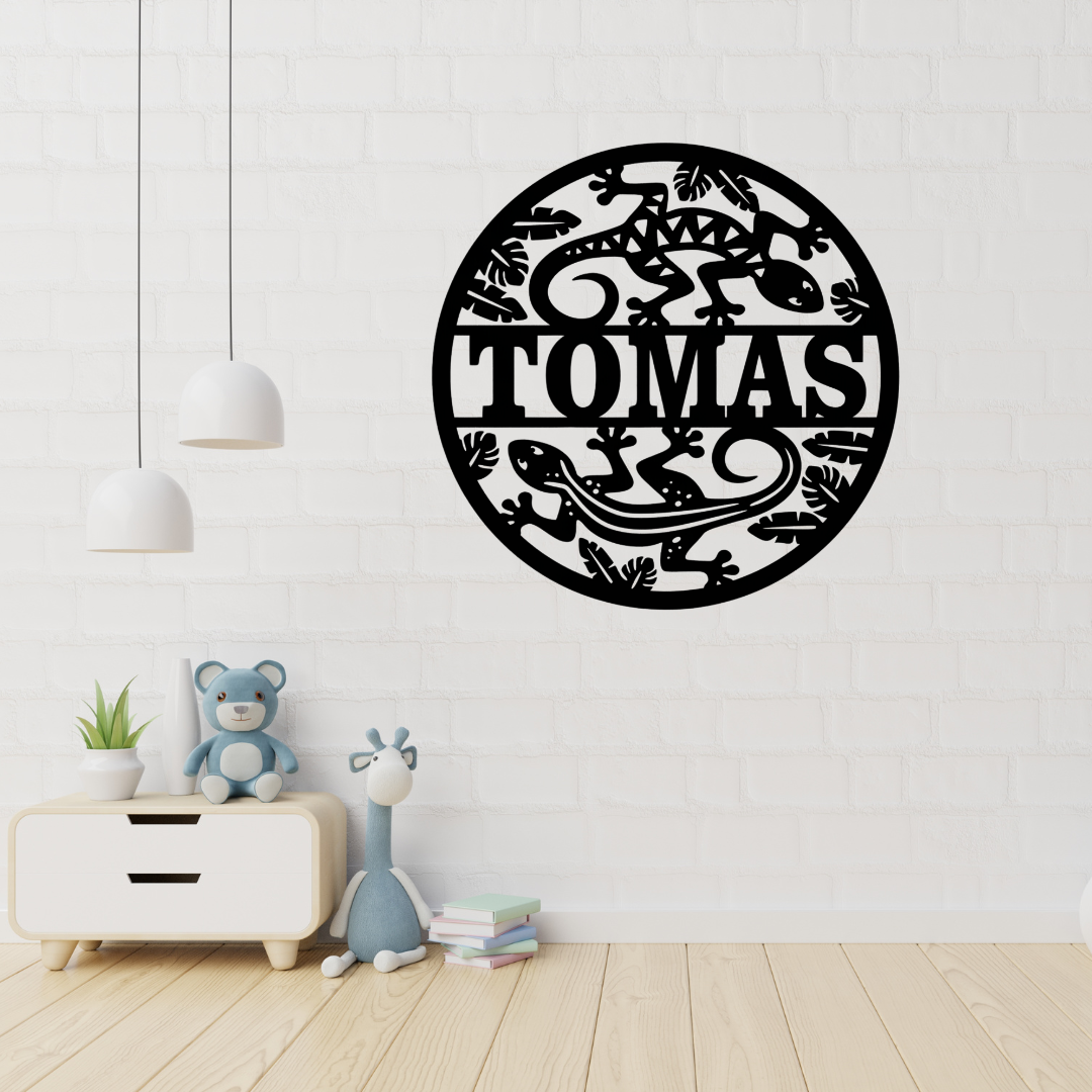Reptile metal wall art displayed in a jungle-themed kids room