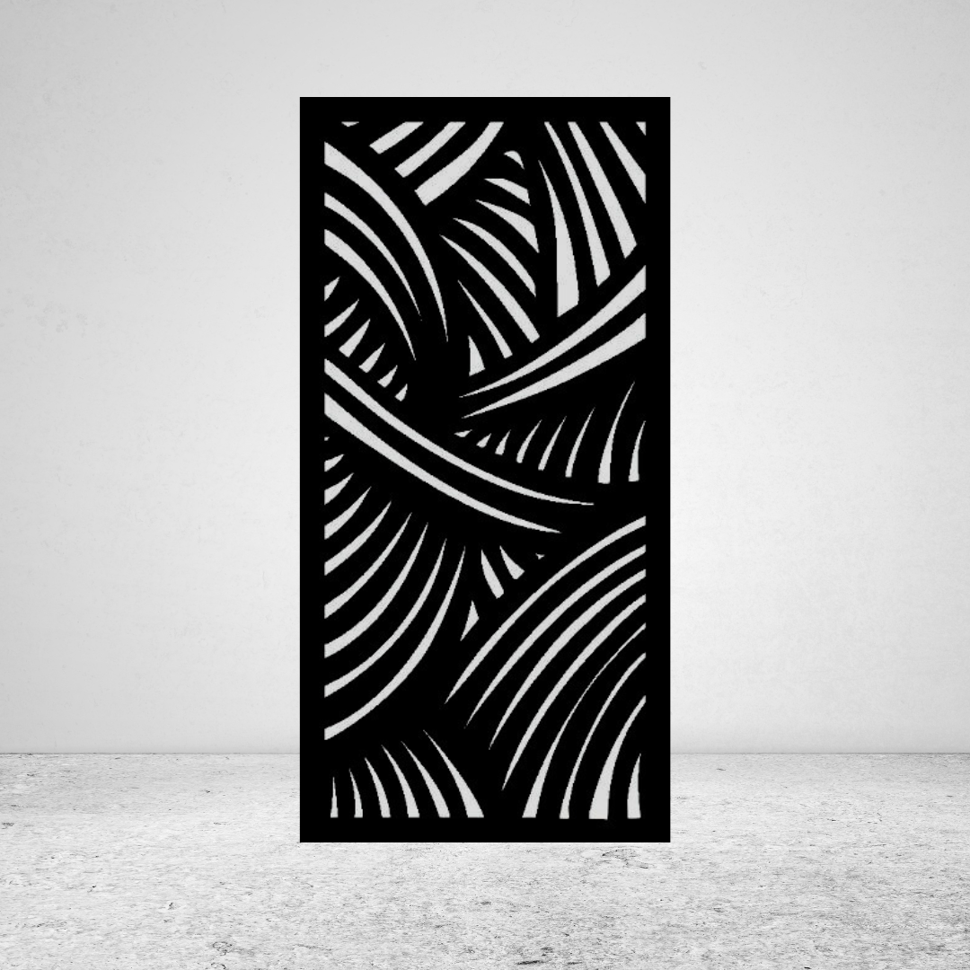 Jungle Luxe tropical metal privacy screen mounted against a light grey wall with layered palm leaf design