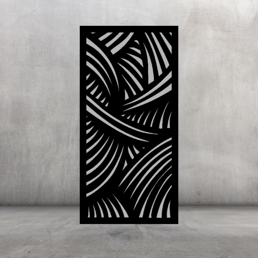 Jungle Luxe decorative metal privacy screen displayed against a dark grey wall with lush tropical palm pattern