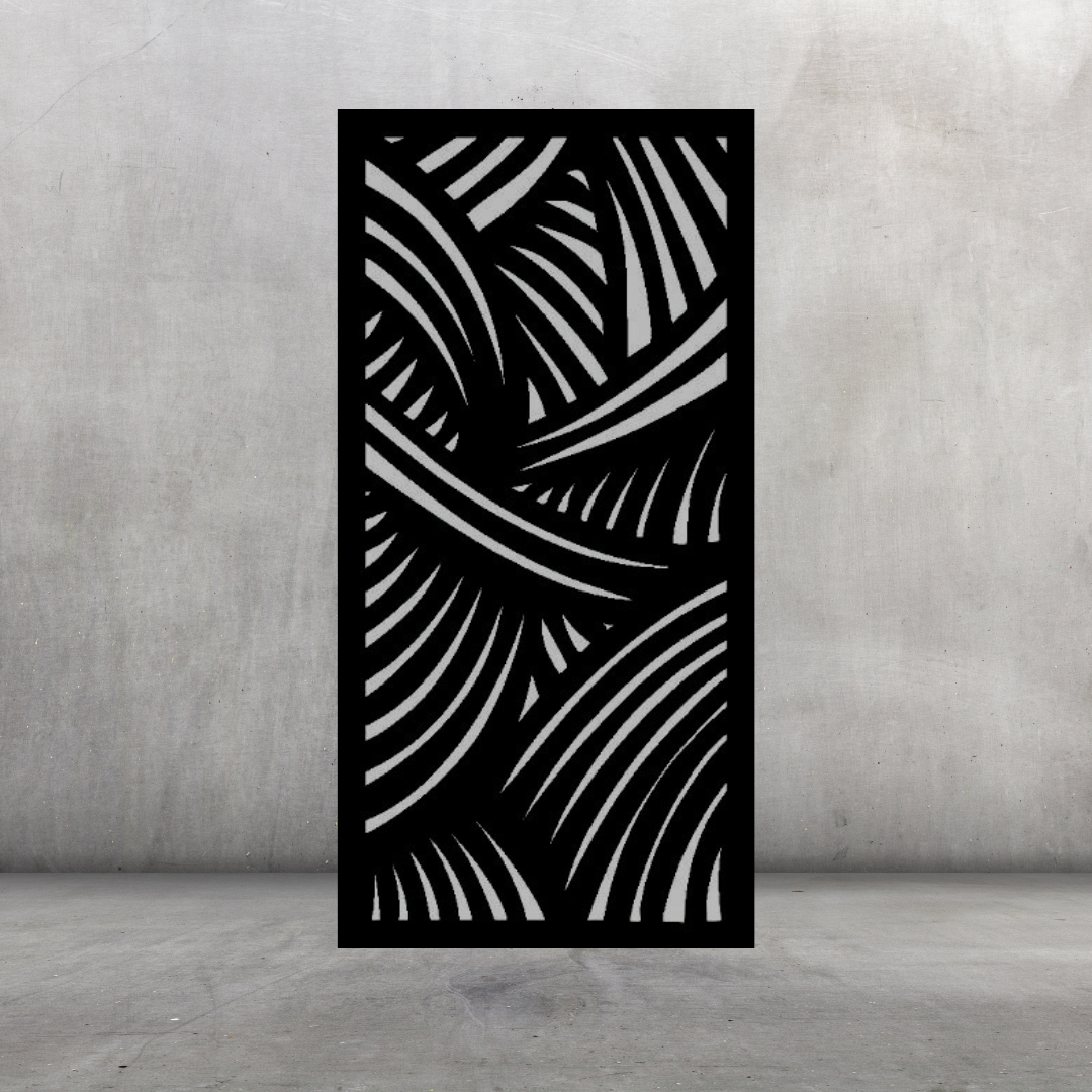 Jungle Luxe decorative metal privacy screen displayed against a dark grey wall with lush tropical palm pattern