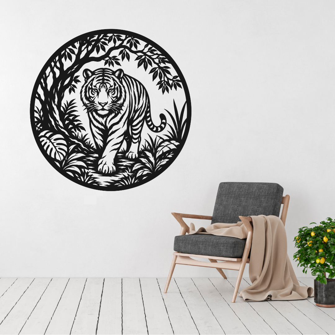 Jungle Majesty tiger metal wall art displayed above a contemporary chair in a modern interior
