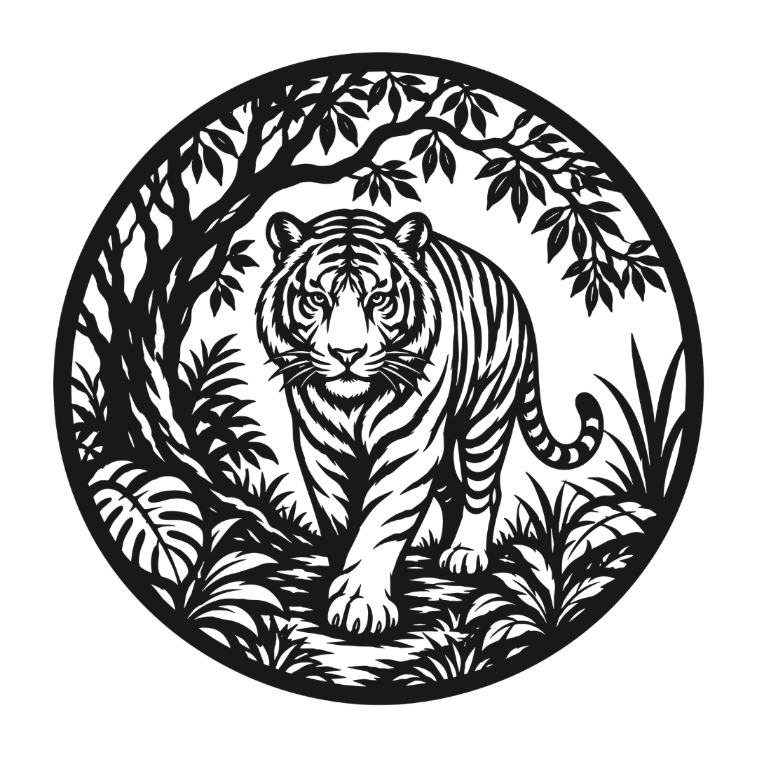 Jungle Majesty tiger metal wall art isolated on a white background showing a detailed tiger surrounded by jungle foliage