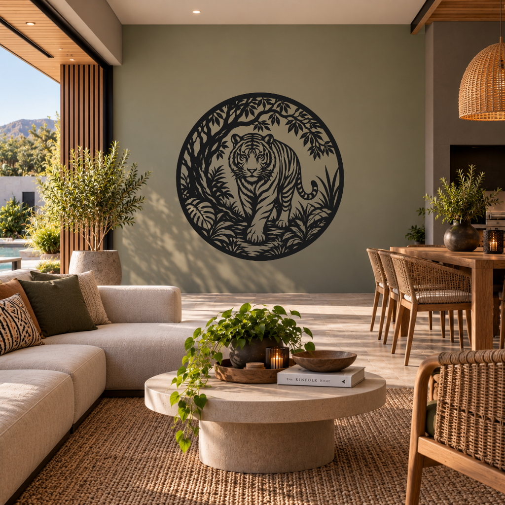 Jungle Majesty tiger metal wall art displayed in a modern room with contemporary interior décor