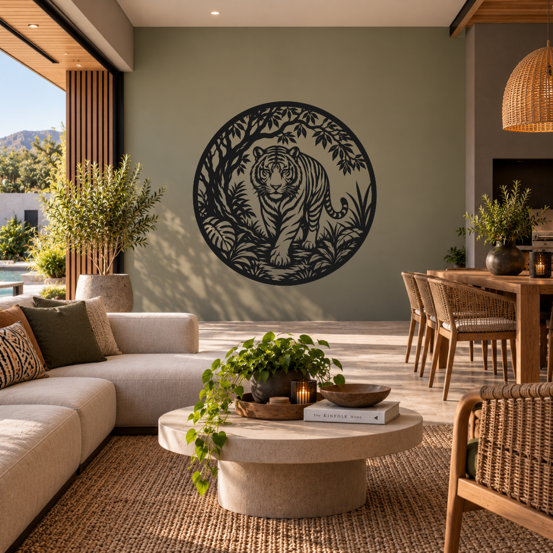 Jungle Majesty tiger metal wall art displayed in a modern room with contemporary interior décor