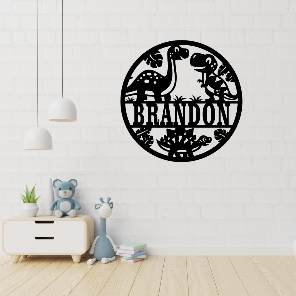 Dinosaur jungle metal wall art displayed in a playful boys room
