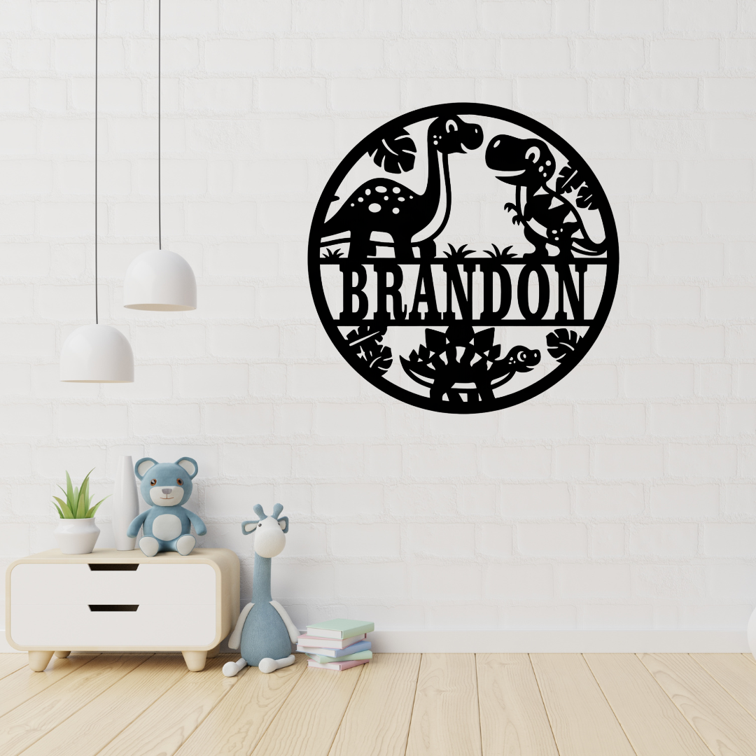 Dinosaur jungle metal wall art displayed in a playful boys room