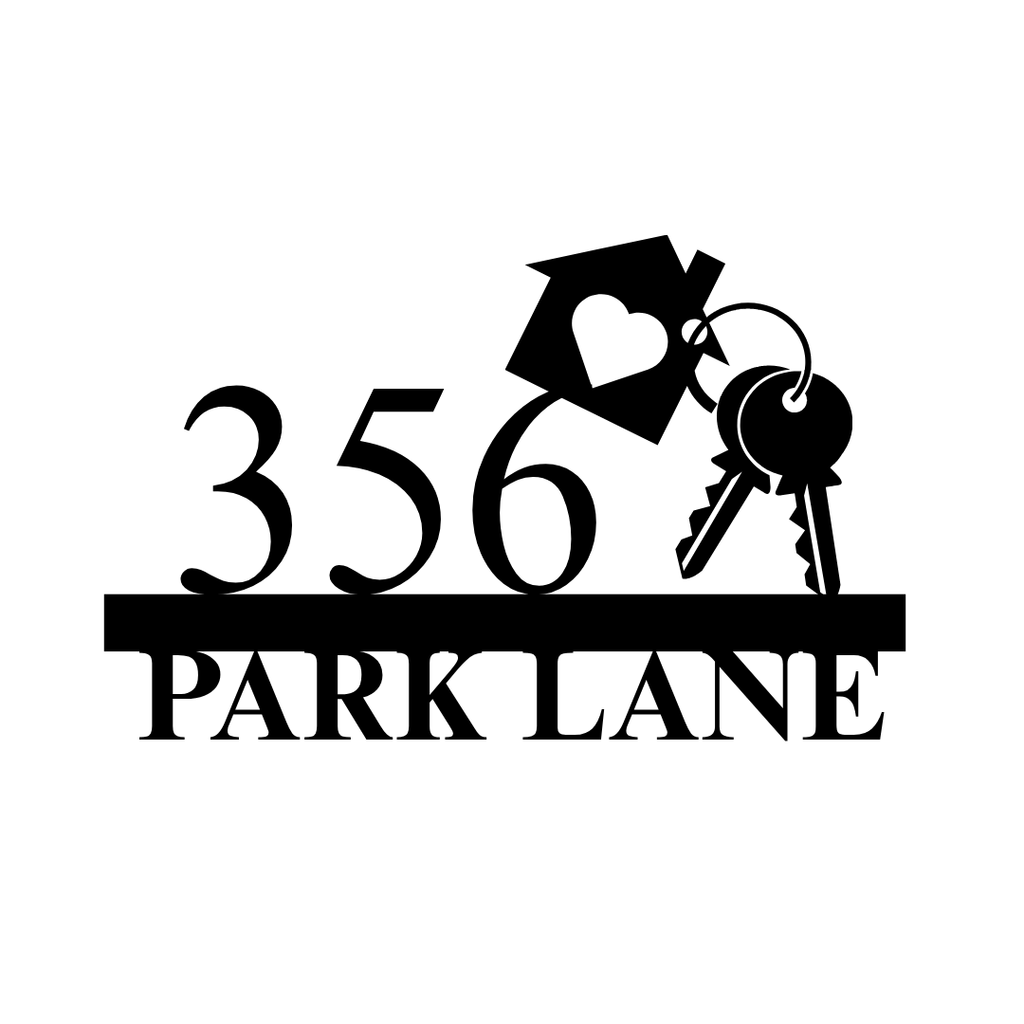 Metal house number plaque isolated on a plain white background with key motif