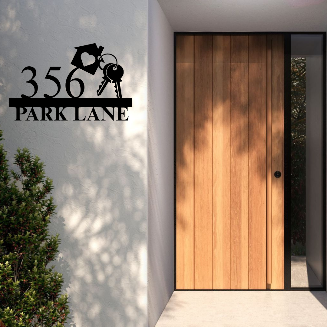 Metal house number and street name sign displayed at a welcoming house entrance
