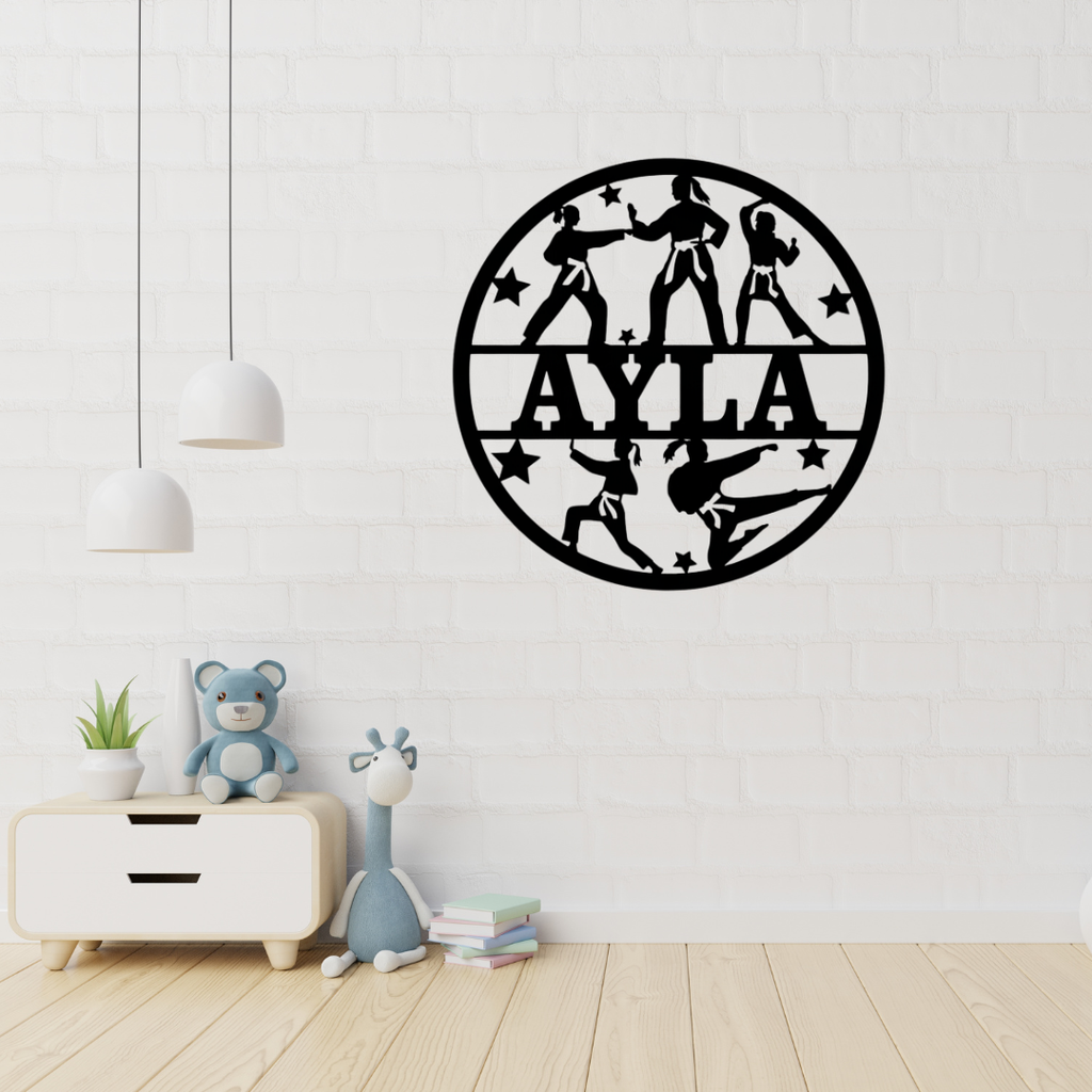 Martial arts metal wall sign displayed in a sporty boys bedroom