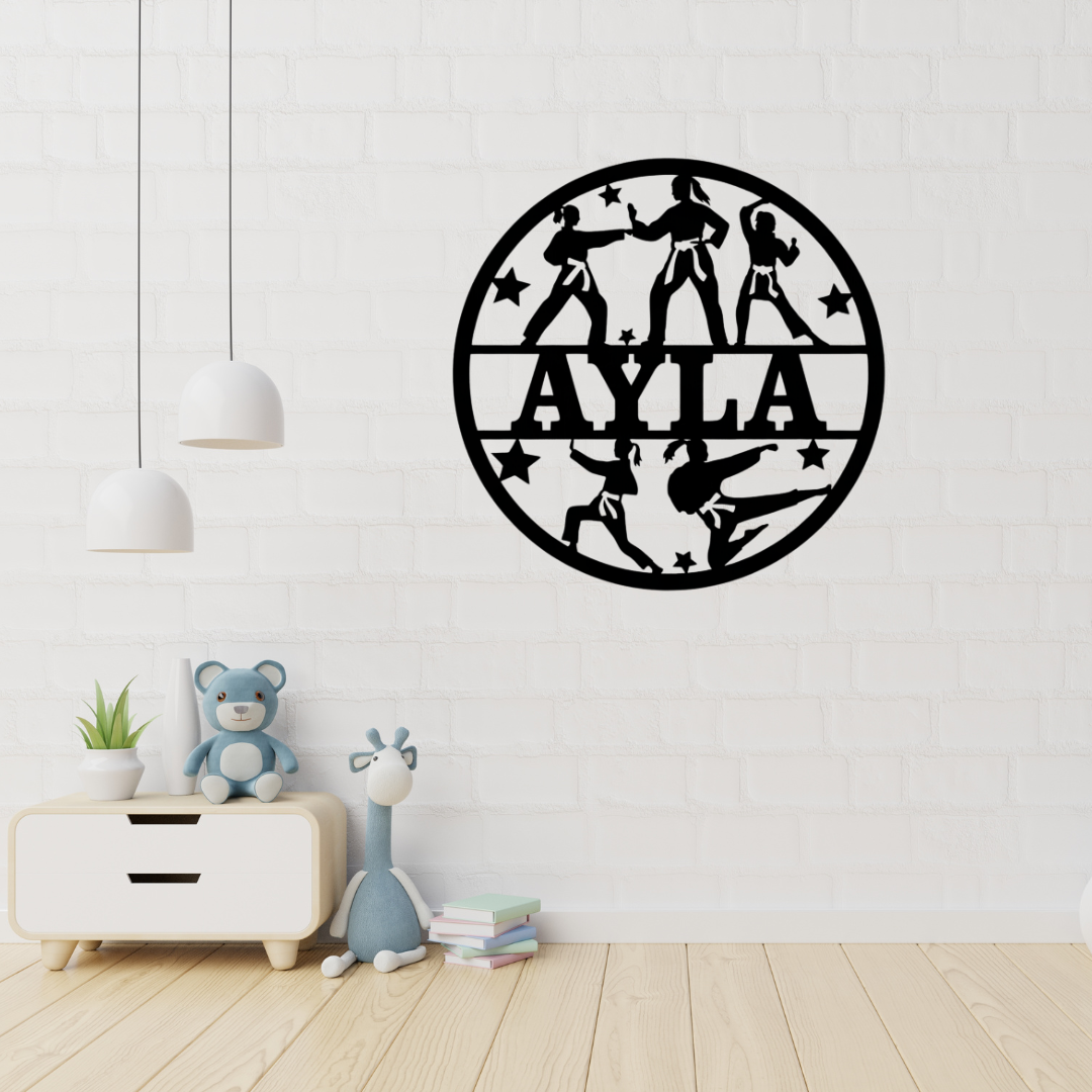 Martial arts metal wall sign displayed in a sporty boys bedroom