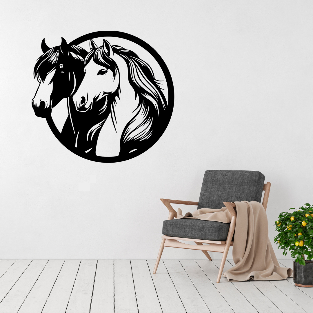 Kindred Spirits | Horse Pair Metal Wall Art displayed in a bright modern living room, featuring an elegant circular black metal design of two horses standing closely together. Precision laser cut steel wall décor that celebrates companionship, freedom and timeless equestrian beauty in contemporary, farmhouse and country-inspired interiors.