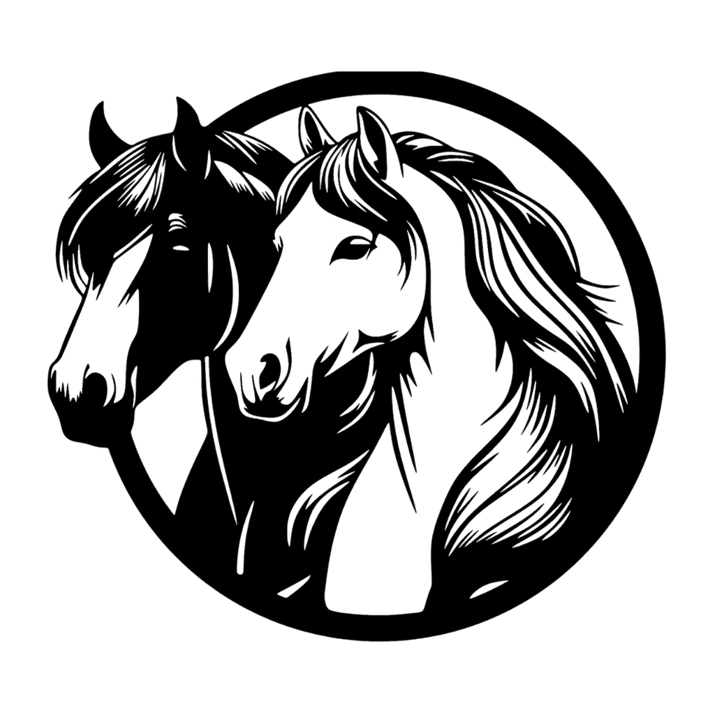 Kindred Spirits | Horse Pair Metal Wall Art showcasing two beautifully detailed horse portraits within a minimalist circular frame. Crafted from premium powder-coated steel, this laser cut metal wall art is ideal for horse lovers, equestrian homes, ranch décor and modern interior spaces.