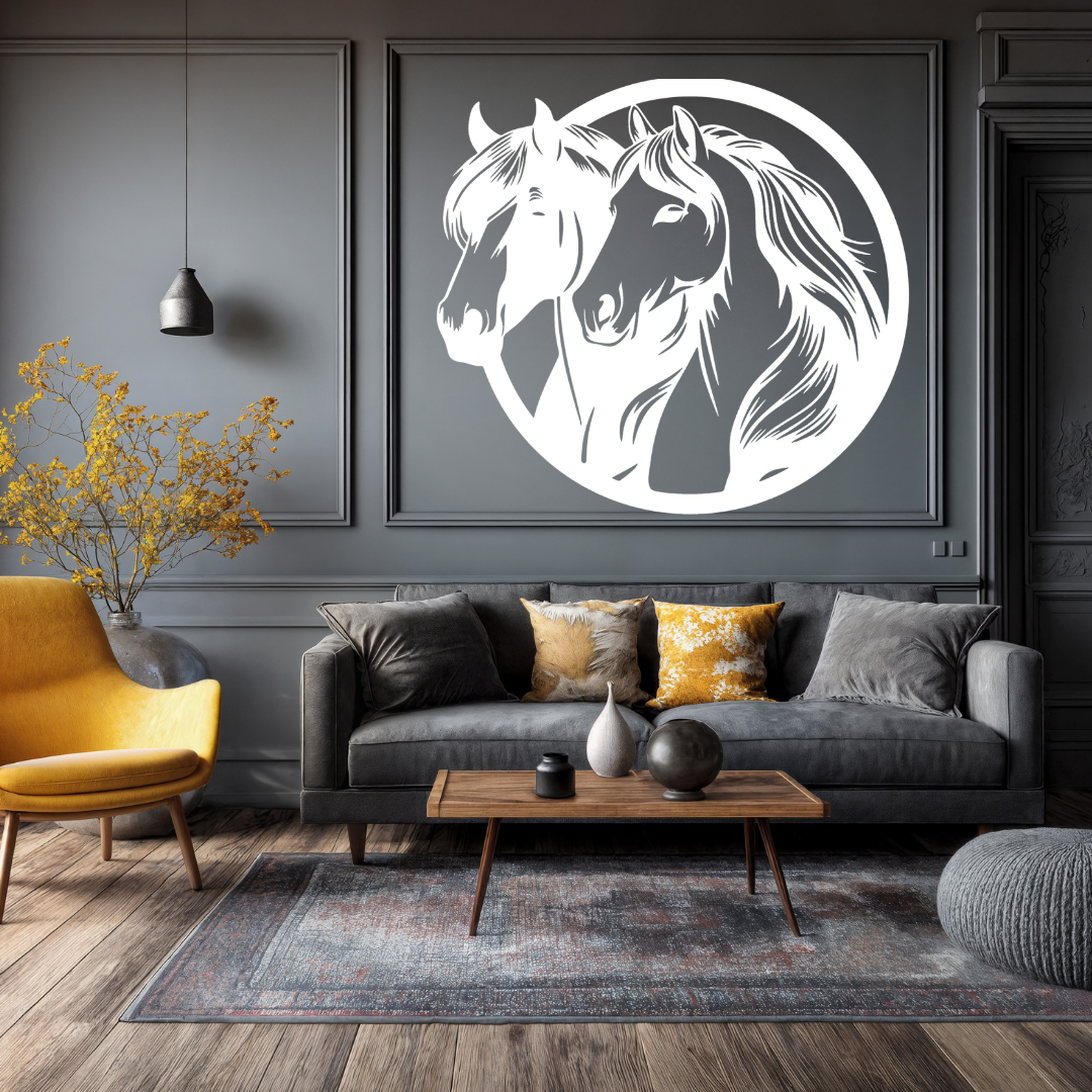 Kindred Spirits | Horse Pair Metal Wall Art showcased in a sophisticated luxury lounge, highlighting a striking circular metal sculpture of two graceful horses with flowing manes. Premium laser cut steel wall décor designed to enhance living rooms, offices, stables, farmhouses and equestrian-inspired interiors with elegant natural beauty.