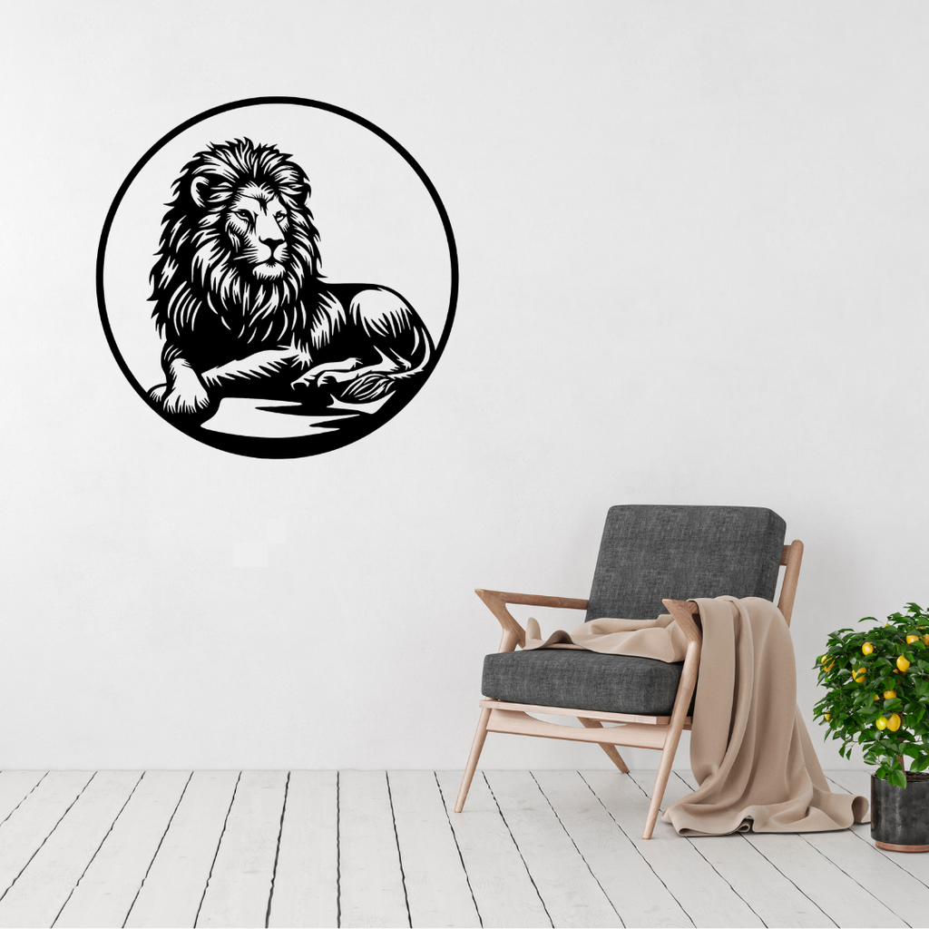 King of the Pride | Lion Metal Wall Art displayed in a bright contemporary living room, featuring a majestic reclining lion enclosed within a circular black metal frame. Precision laser cut metal wall décor that creates a bold safari-inspired statement for modern homes, offices and luxury interiors.